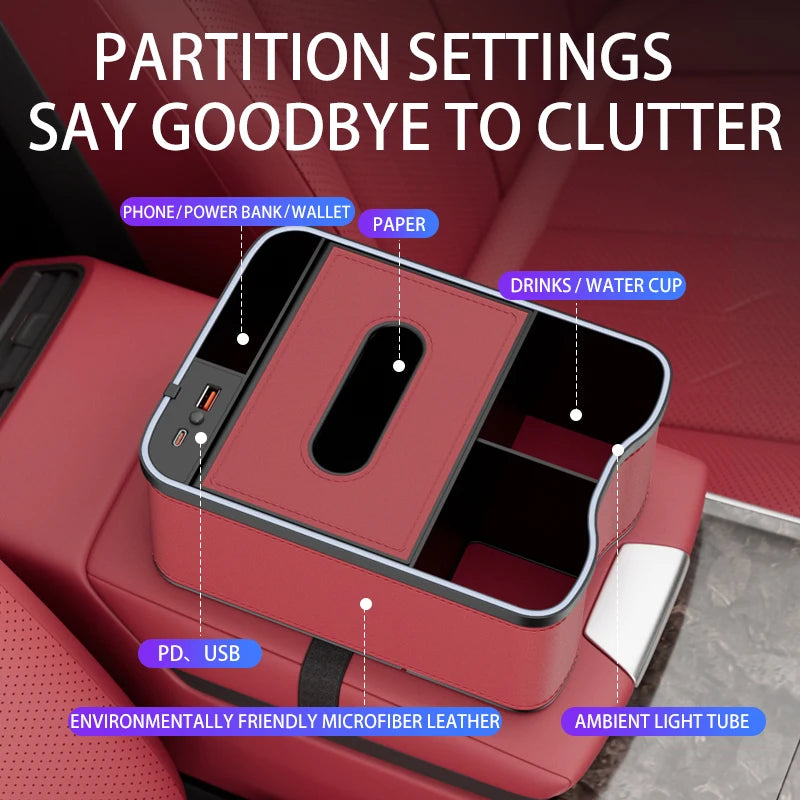 Car Armrest Storage Box with LED Ambient Light & Type-C USB Charger – Universal Center Console Organizer - Delicate Leather