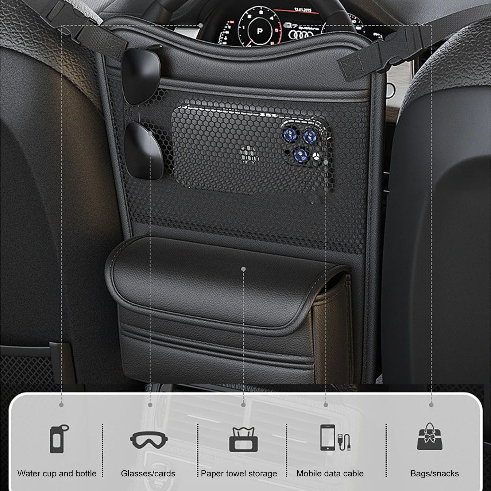 Car Handbag Holder Car Mesh Organizer Net Pocket Purse/Book/Phone Holder Tissue Box 3-IN-1 Auto Interior Organizers - Delicate Leather