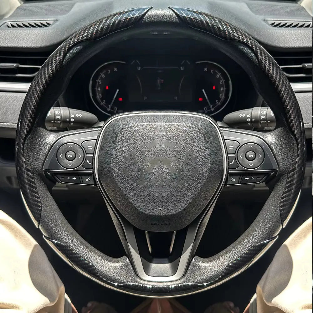 3PCS Carbon Fiber Style Steering Wheel Grip Covers – Anti-Slip Washable Interior Set - Delicate Leather