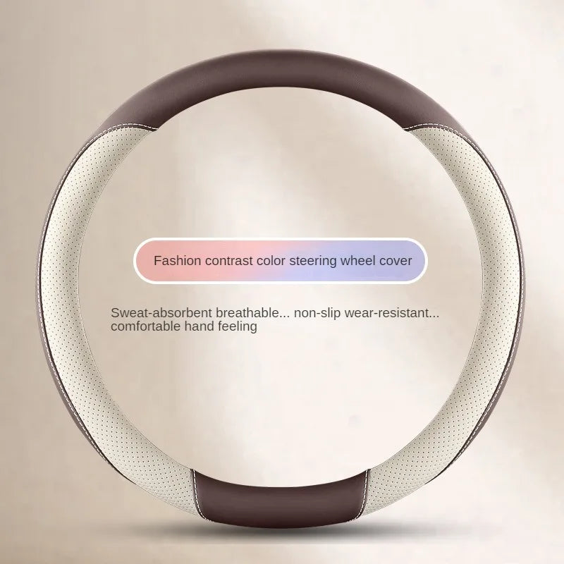 Leather Steering Wheel Cover – Simple Design, Breathable Anti-Slip Handle Cover, Universal D-Ring Fit - Delicate Leather