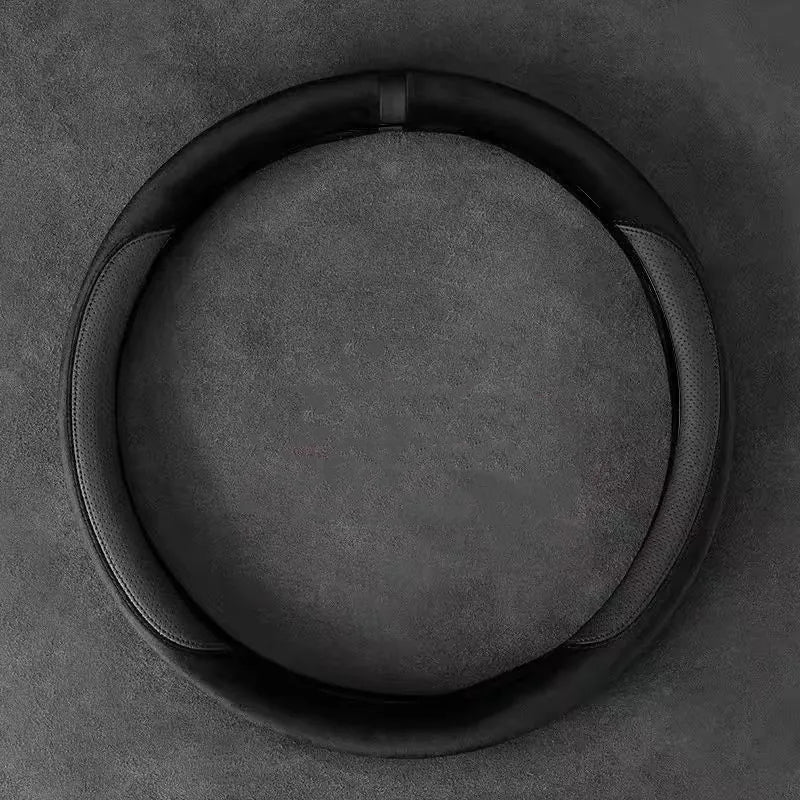 Universal Suede Steering Wheel Cover – Ultra-Thin Non-Slip D-Shape & Round Fit, Breathable All-Season Leather Protector 37–38cm - Delicate Leather