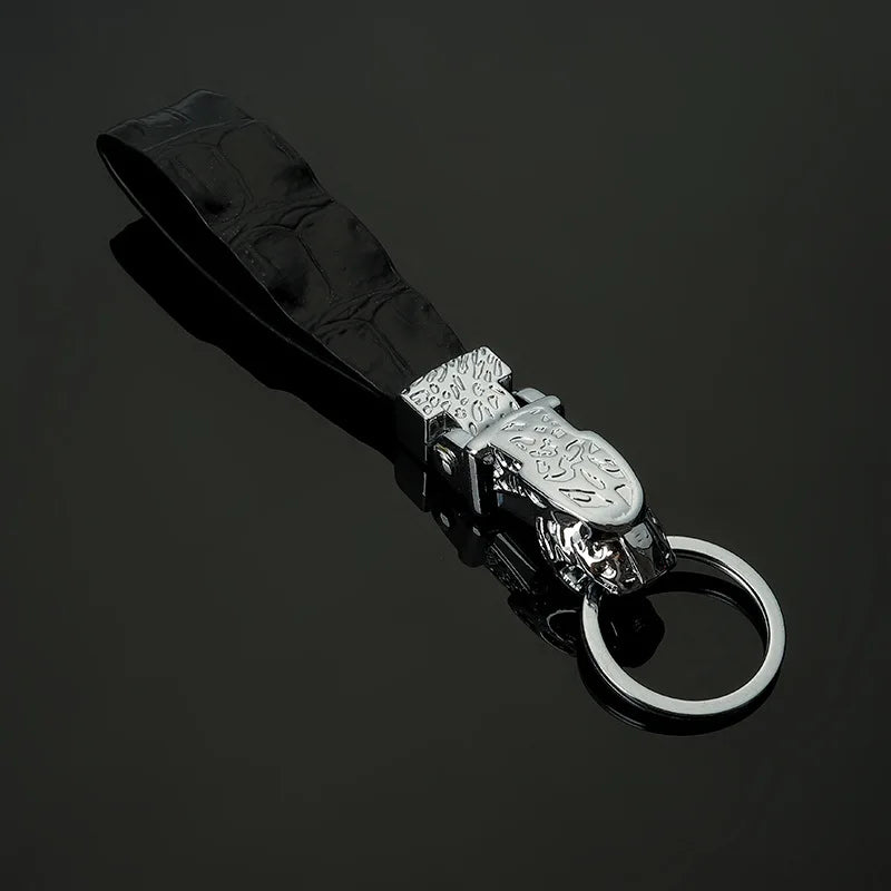 Leopard Head Keychain – Zinc Alloy & Crocodile Pattern Leather Key Ring, Unisex Fashion Pendant, Red - Delicate Leather