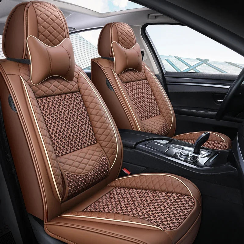 Premium PU Leather & Ice Silk Car Seat Covers with Lumbar Support – Breathable, Wear-Resistant Full Wrap Set (Includes Headrest) - Delicate Leather