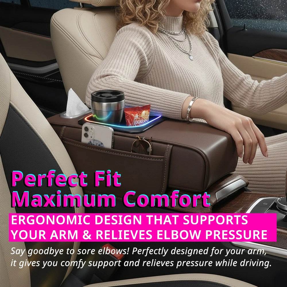 Multi-Functional Car Armrest Cushion with Storage Organizer, Cup Holder, Tissue Slot & Phone Holder - Delicate Leather