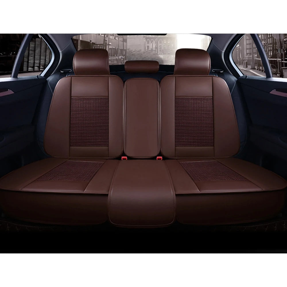 Universal Coffee-Colored Seat Covers for 5-Seater – Ice Silk, Waterproof Headrests & Lumbar Pillows 12 - Delicate Leather