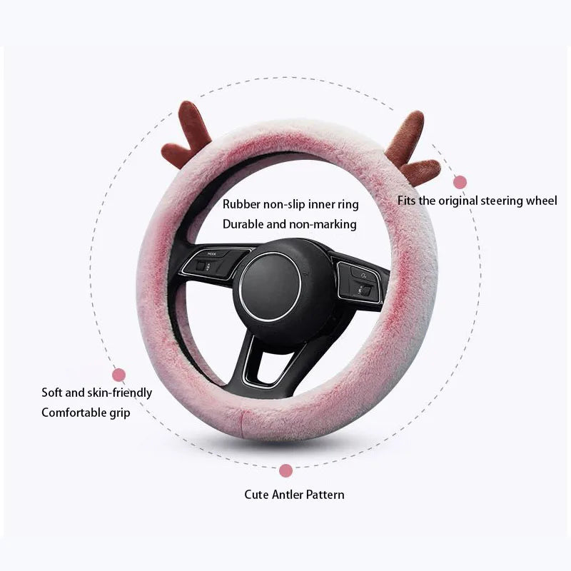 Warm Fluffy Winter Car Steering Wheel Cover – Full-Wrapped Anti-Slip Protector, Universal 38cm Christmas Gift Accessory - Delicate Leather