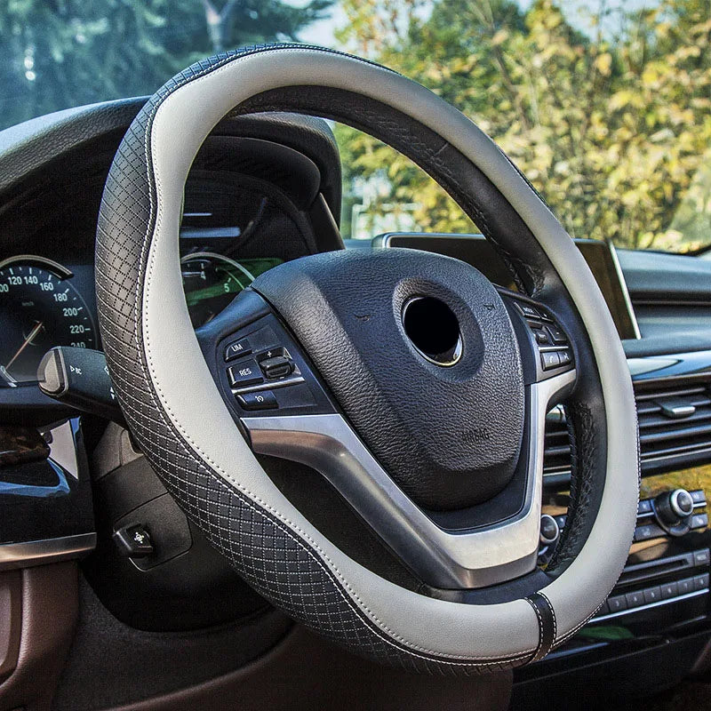 Steering Wheel Cover 37-38cm – Anti-Slip Diamond Wave Pattern Leather Car Handle Cover - Delicate Leather