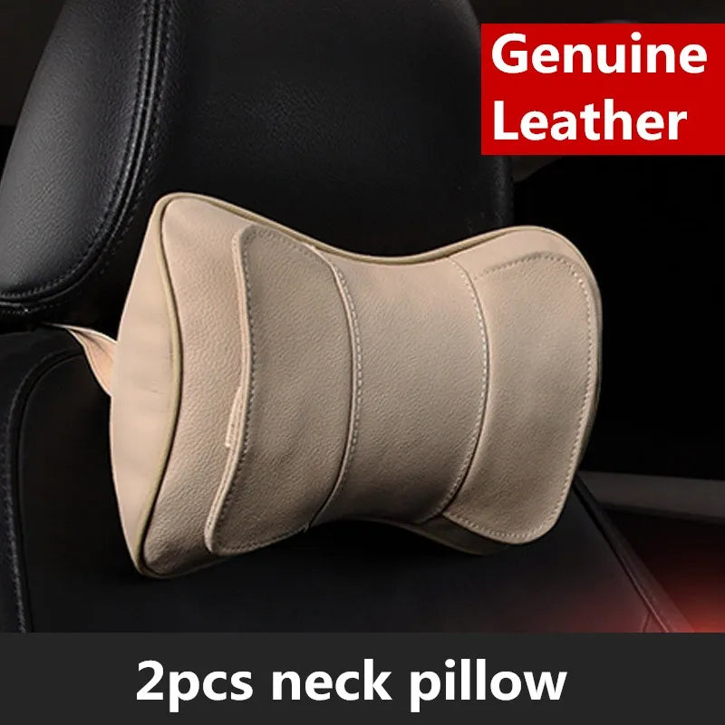 Genuine Leather Car Seat Headrest Pillow – Ergonomic Neck Support Cushion, Universal Auto Interior Accessory (2PCS)