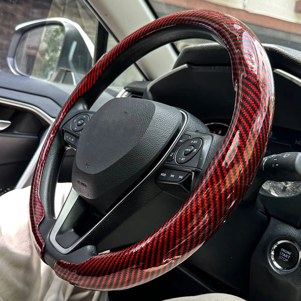 Carbon Fiber Style Steering Wheel Cover – Breathable Non-Slip Round Universal Fit - Delicate Leather