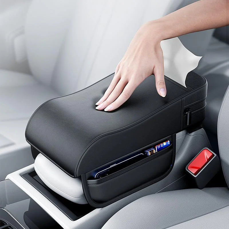 Car Armrest Height Pad with Tissue Holder – Universal Center Console Armrest Cushion - Delicate Leather