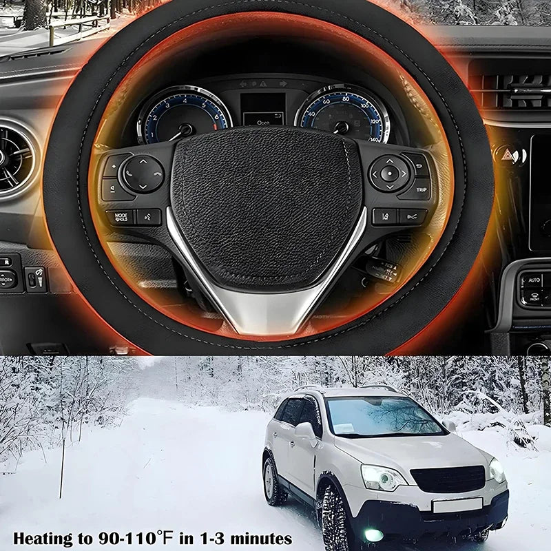 12V Heated Steering Wheel Cover – Fast Heating Plush Wheel Protector for Winter Driving - Delicate Leather