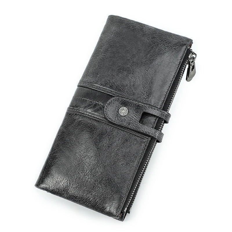 Men’s Long Clutch Wallet – Genuine Cowhide Leather with Card Holder & Zipper Coin Pocket - Delicate Leather