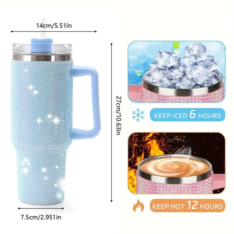 40oz Sparkling Studded Stainless Steel Tumbler – Insulated Water Bottle with Lid & Handle - Delicate Leather