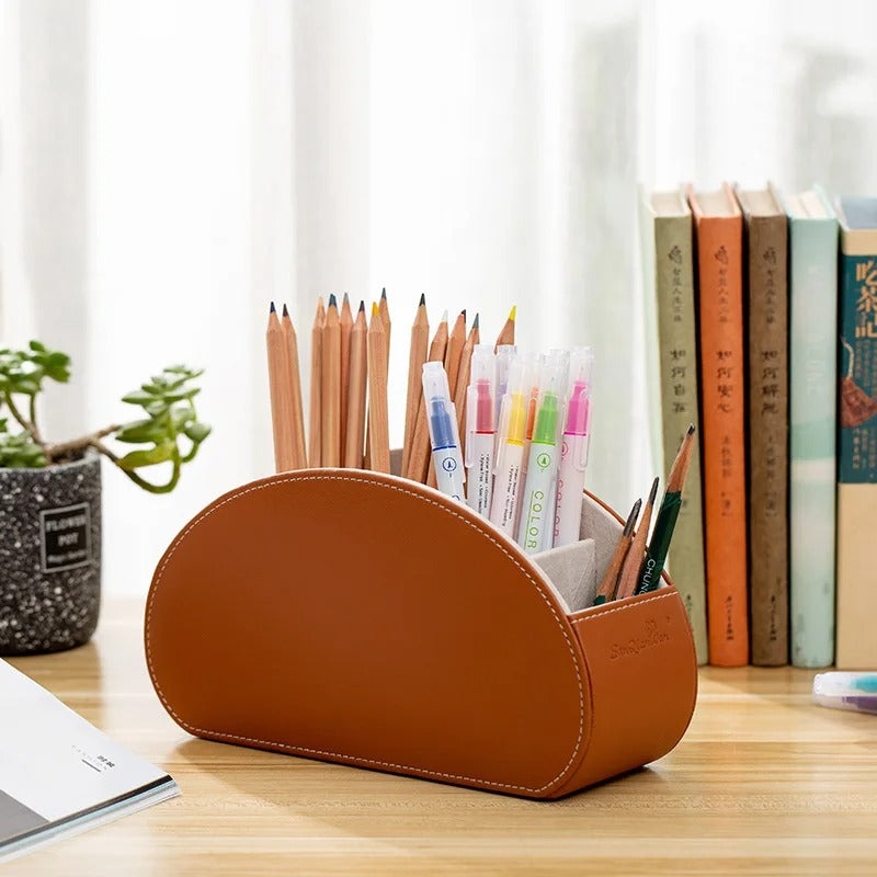 Desktop PU Leather Organizer - Remote Control, Phone, and TV Holder, Desk Storage Box, Cosmetics Brush Storage Holder - Delicate Leather