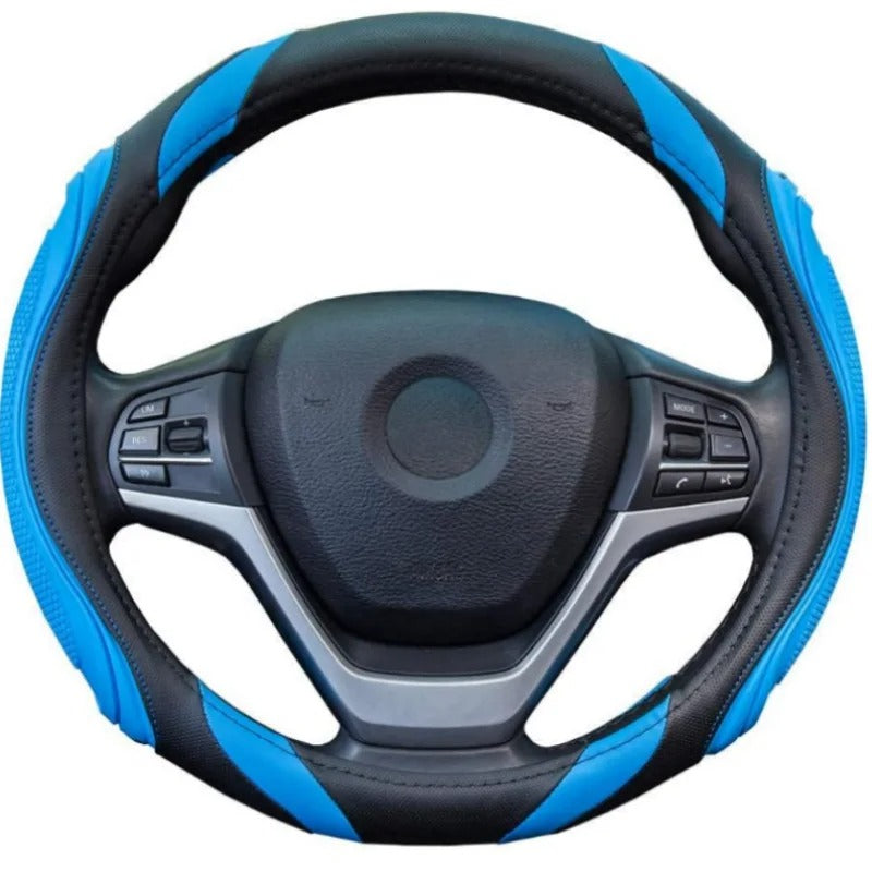 Spliced Leather Steering Wheel Cover – Concave-Convex Massage Design, Non-Slip Universal Fit 38 cm, All-Season Car Interior Accessory - Delicate Leather