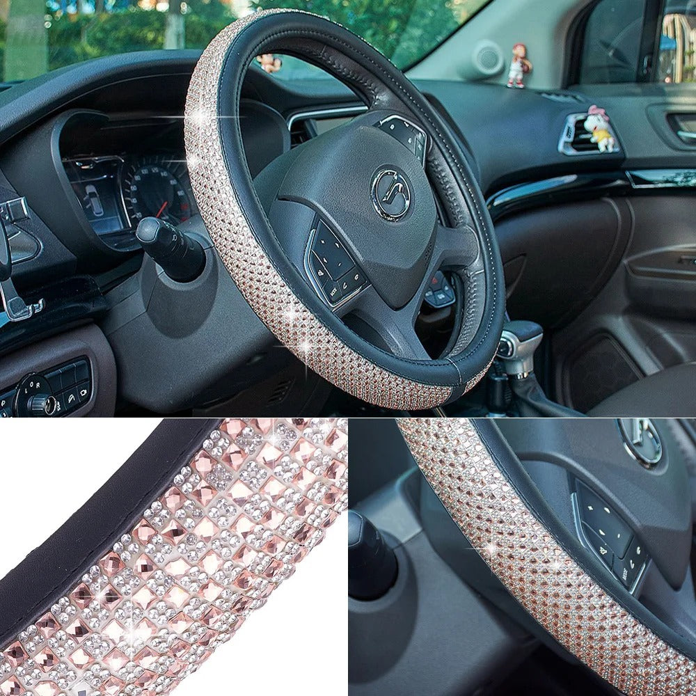 Luxury 3D Square Diamond Steering Wheel Cover – Ultra Bling Crystal PU Leather Fit for 37.5–38cm - Delicate Leather