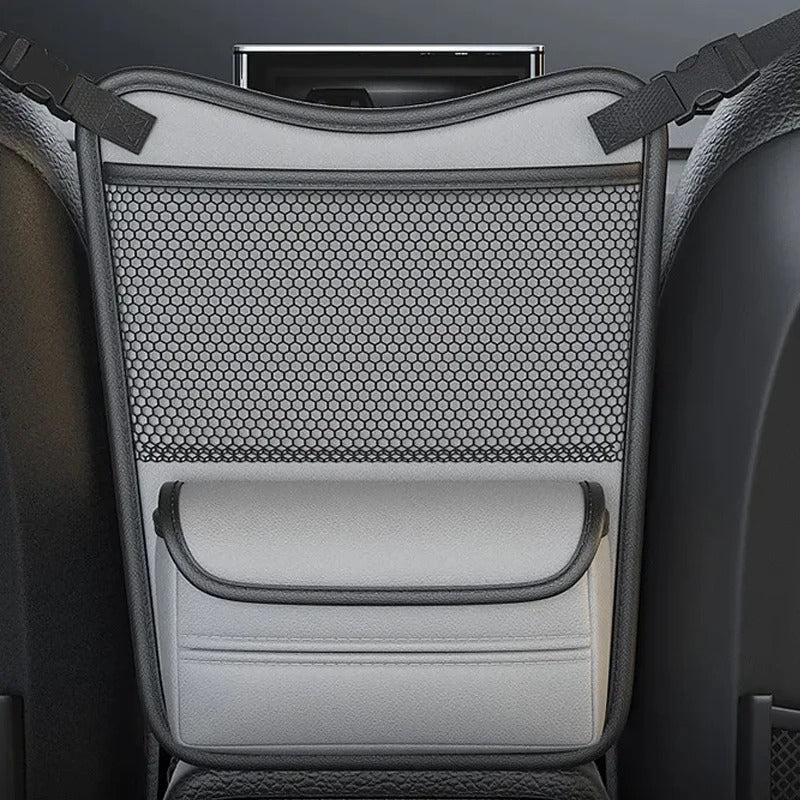 Large Capacity Car Seat Middle Hanger Storage Bag – Between Seats Organizer with Cup & Tissue Pockets - Delicate Leather