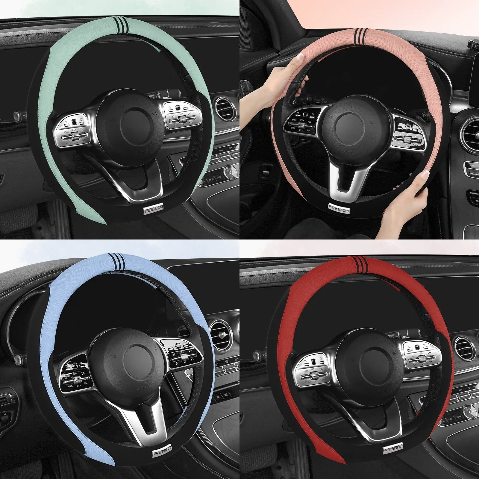 Color-Blocked Steering Wheel Cover – Universal 38cm Breathable Anti-Slip Summer Grip - Delicate Leather