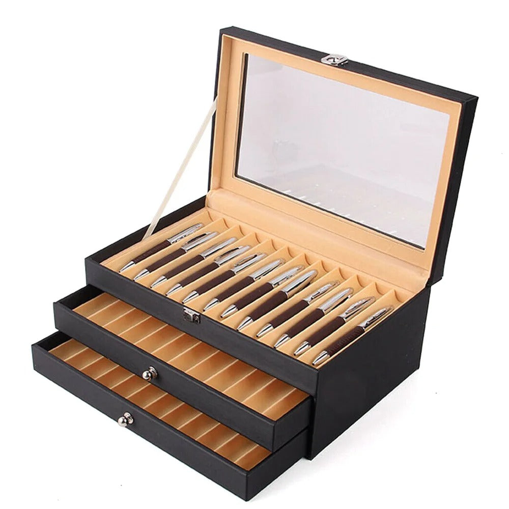 Fountain Pen Display Case 36 Slot Holder Leather Storage Collector Organizer Box - Delicate Leather