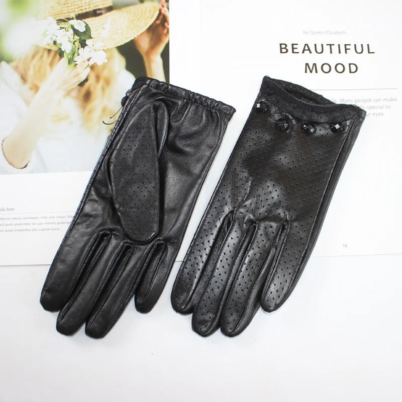 Thin Women's Sheepskin Gloves with Touch Screen and Mesh Design - Delicate Leather