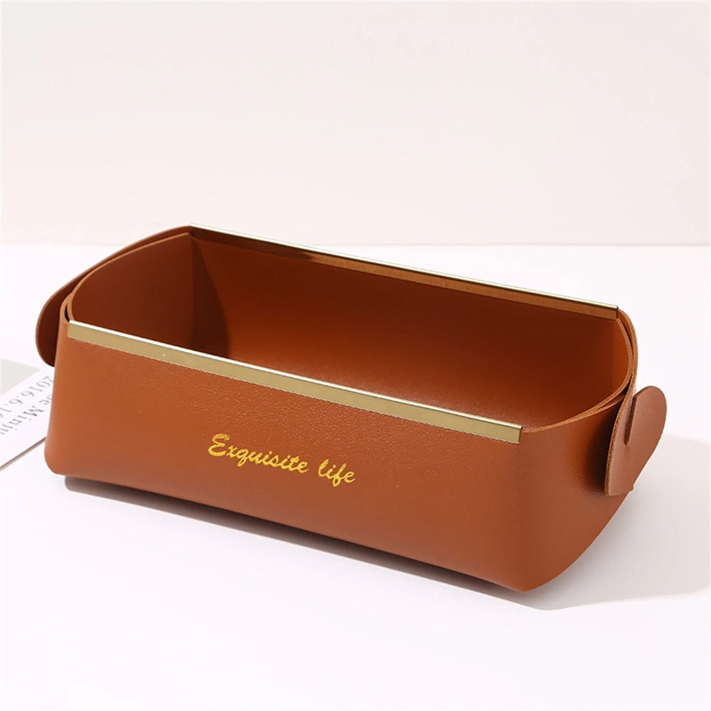 Nordic Leather Desktop Storage Box, PU Foldable Grocery Basket, Household Dice Tray Organizer, Cosmetic Coins Decorative Plate - Delicate Leather