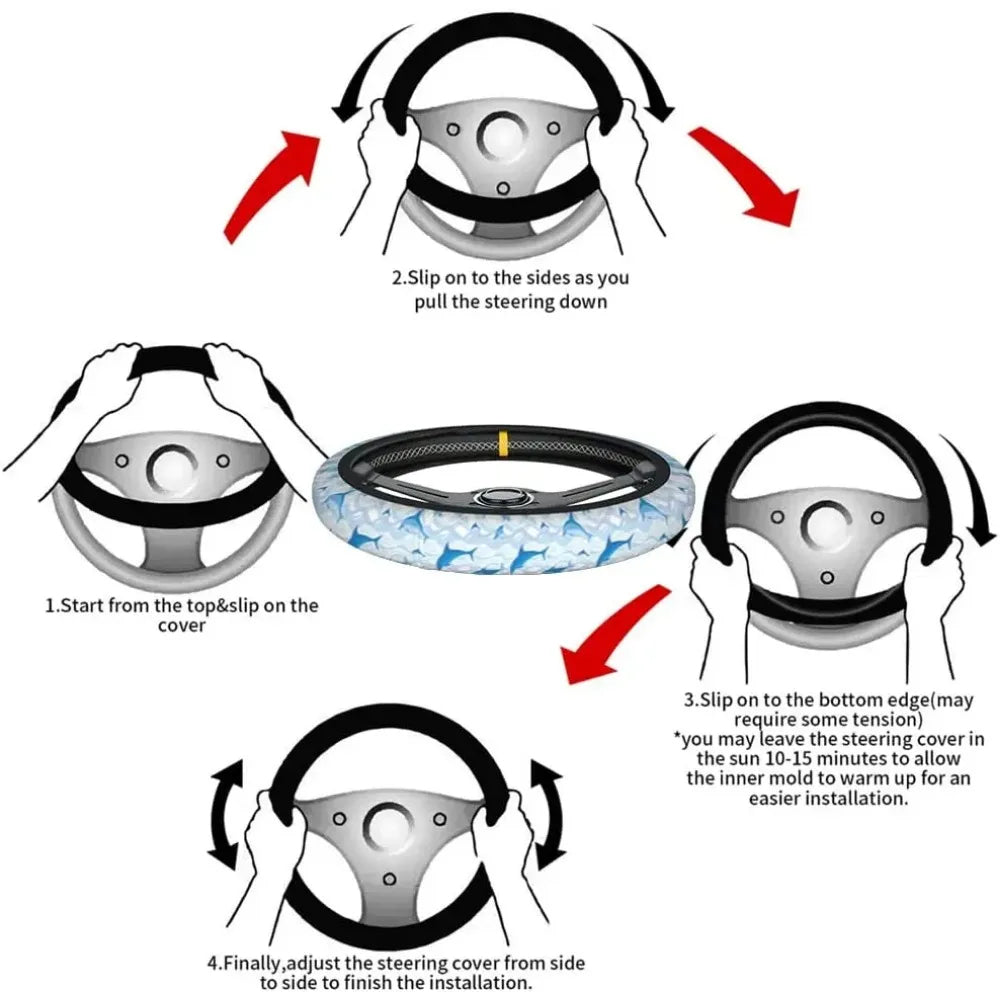 Swimming Dolphin Steering Wheel Cover, Small multicolor turtles on blue fabric, Car Steering Wheel Cover, Car Accessories 15 - Delicate Leather