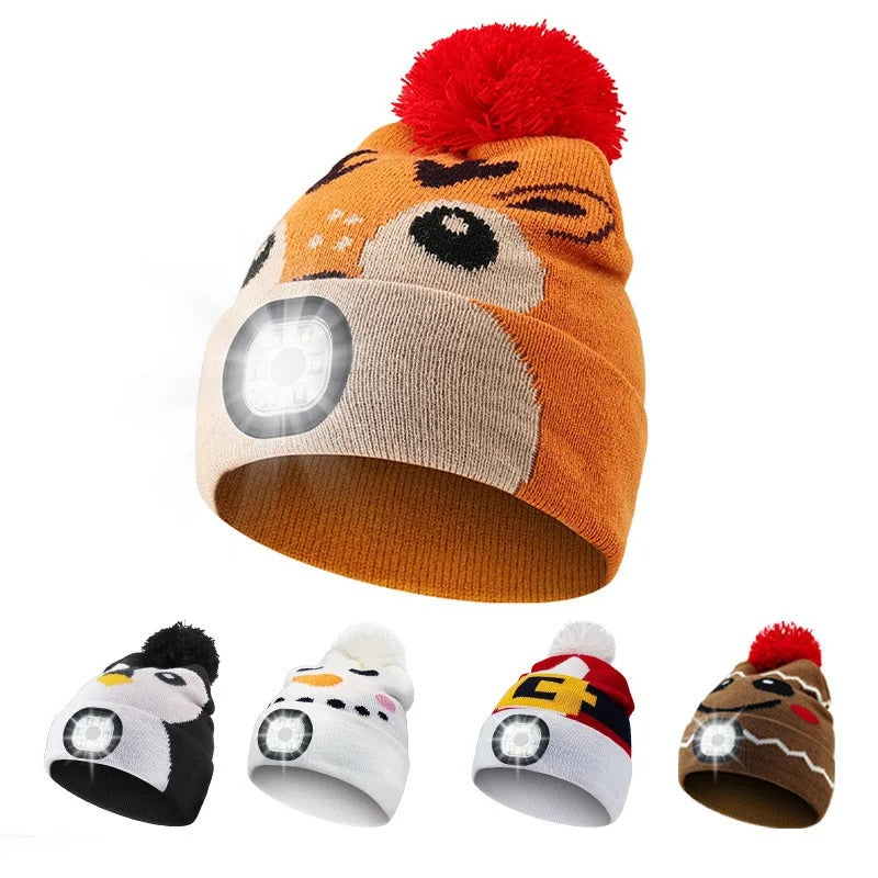 LED Flashlight Beanie Hats for Kids - Rechargeable Washable LED Head Lamp Hat - Winter Warm Caps with Hands-Free Lights for Outdoor Use - Delicate Leather