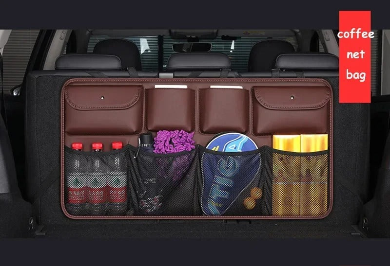 PU Leather Car Rear Seat Back Storage Bag – Foldable Trunk Organizer for Universal Use - Delicate Leather