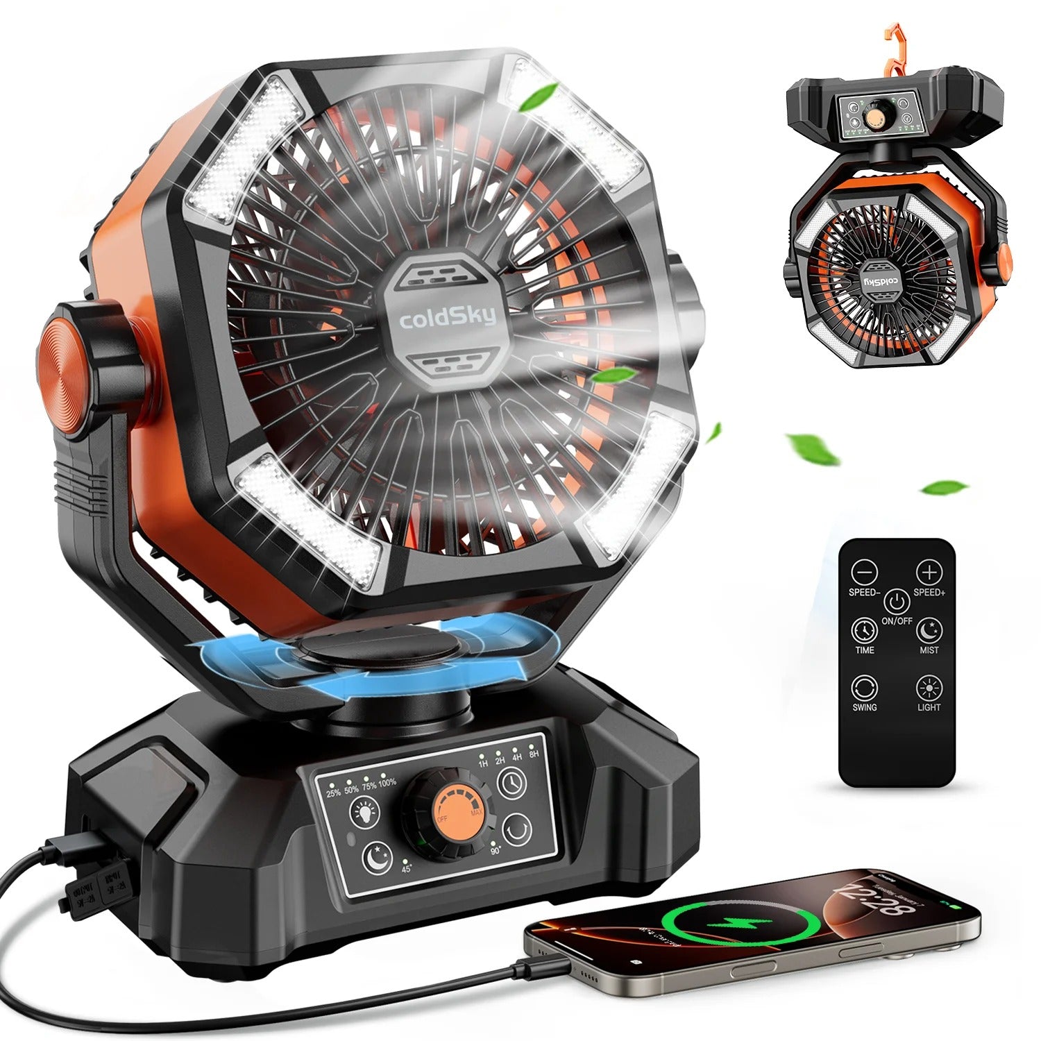 20000mAh Rechargeable Camping Fan with LED Light – 8-Speed Portable Desk Fan with Remote Control, USB Charging - Delicate Leather