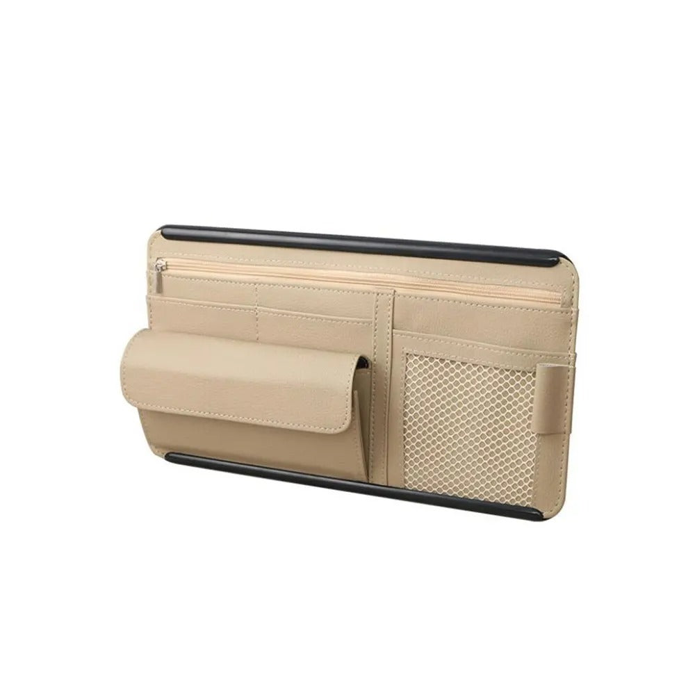 Car Sunshade Storage Bag Organizer - PU Leather Car Sun Visor Clip Stowing Box for Pen, Card, Ticket, and Sunglasses - Delicate Leather