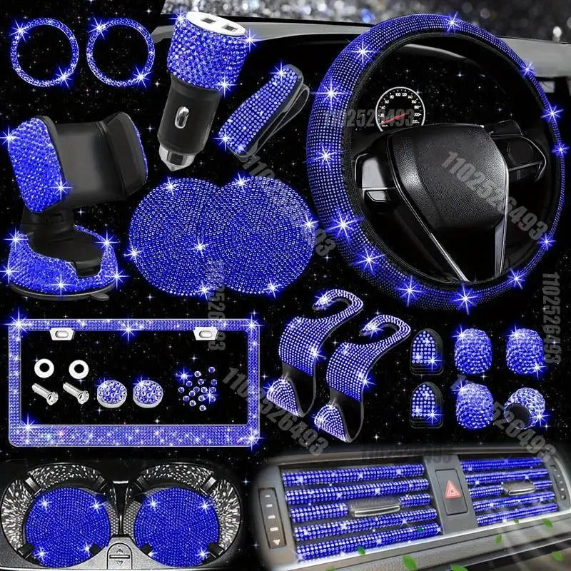 27-Piece Women’s Bling Car Accessories Set – Universal Fit with Steering Wheel Cover, License Plate Frame, Gift For Mother's Day 2025