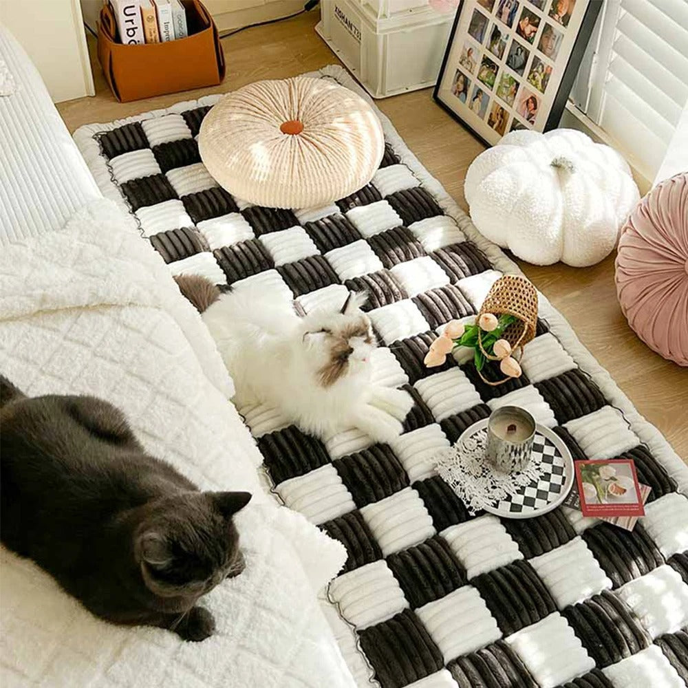Washable Dog Bed Mat & Cat Scratchable Blanket - Anti-Slip Sofa Couch Protector for Large Dogs - Coral Fleece, Plaid