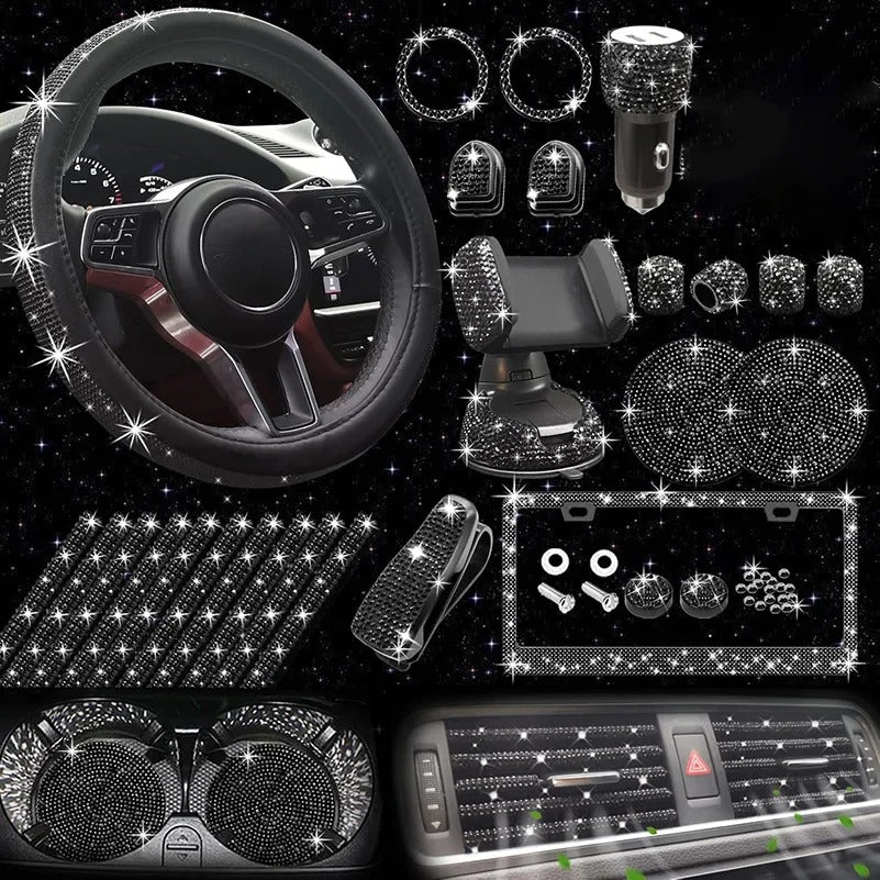 27-Piece Women’s Bling Car Accessories Set – Universal Fit with Steering Wheel Cover, License Plate Frame, Gift For Mother's Day 2025