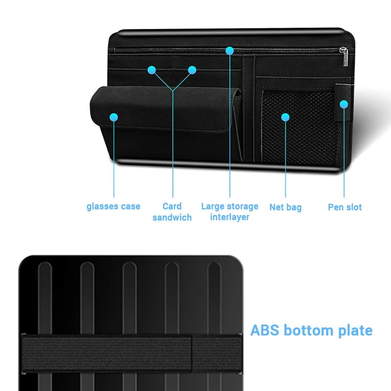 Car Sun Visor Organizer - Textured Suede 2-Layer Storage Bag - Sunglasses Case, Card Holder, Auto Zipper Storage Pocket - Delicate Leather