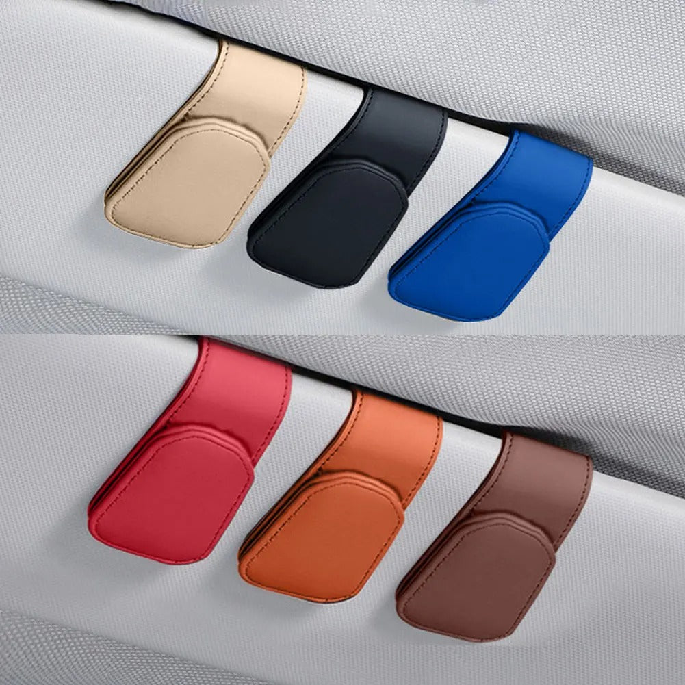 Glasses Holder Clip for Car Auto Sun Visor - Universal Eyeglass Hanger Clip - PU Leather Magnetic Multi-Function Storage