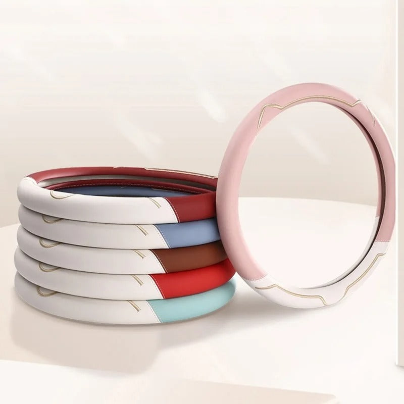Universal Steering Wheel Cover – Pink and White, 15-Inch Anti-Slip Design - Delicate Leather