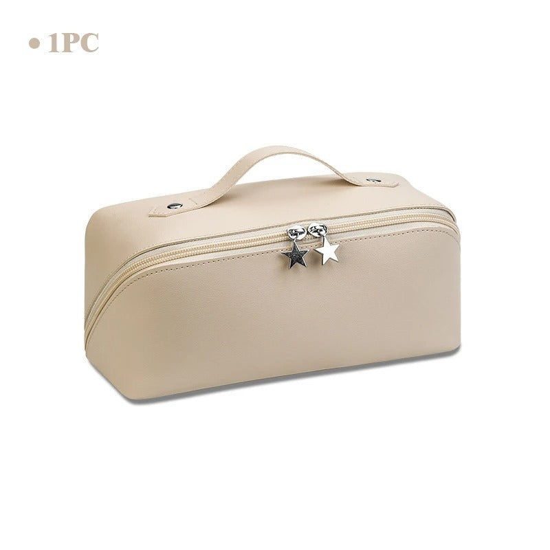 Luxury Lady Makeup Case Storage Pouch, Large Travel Cosmetic Bag for Women, Leather Makeup Organizer, Female Toiletry Kit Bags - Delicate Leather