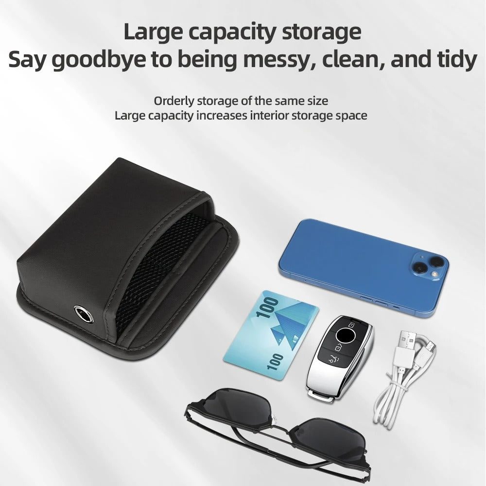 Universal Car Organizer – PU Leather Mesh Storage Bag & Phone Holder - Delicate Leather