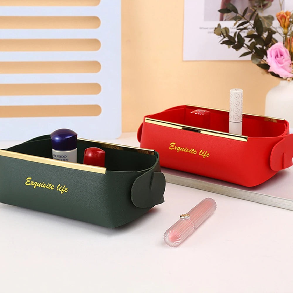 Nordic Leather Desktop Storage Box, PU Foldable Grocery Basket, Household Dice Tray Organizer, Cosmetic Coins Decorative Plate - Delicate Leather