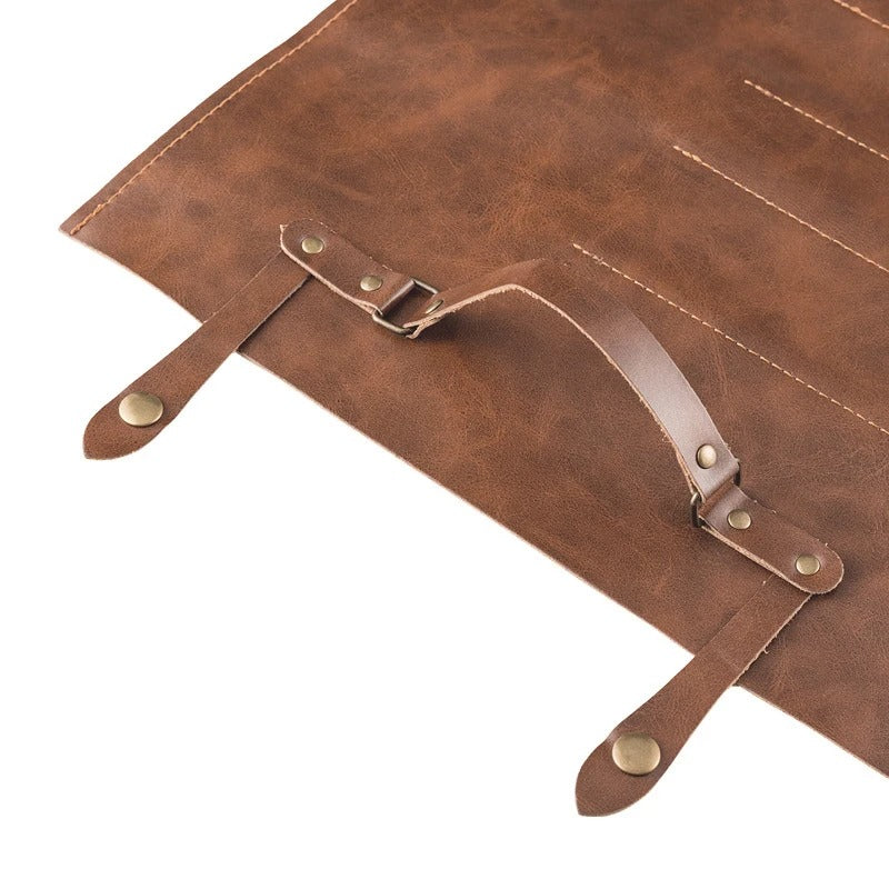 Portable Leather Chef Knife Roll Bag - Two-Layer Cowhide Storage Case for Kitchen and Camping - Delicate Leather
