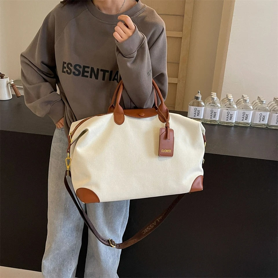 Fashion Canvas Travel Duffle Bag for Women – Versatile Zip Tote for Weekend, Overnight & Carry-On Use - Delicate Leather