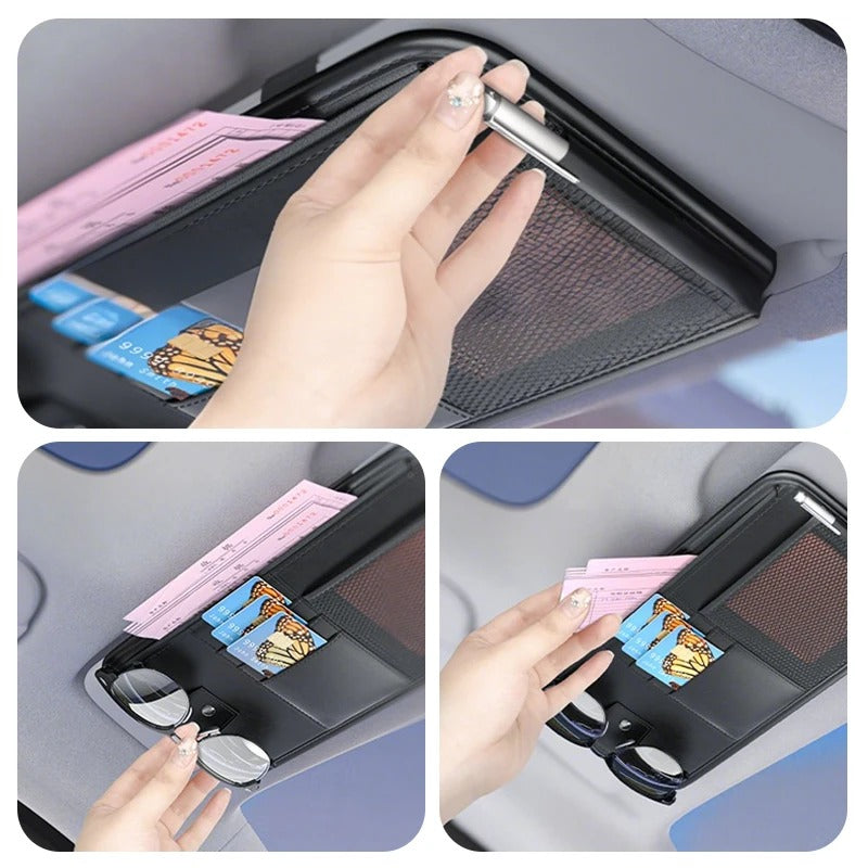 PU Leather Car Sun Visor Organizer – Multi-Pocket Storage Bag with Card Holder and Glasses Clip, 16×32 cm - Delicate Leather