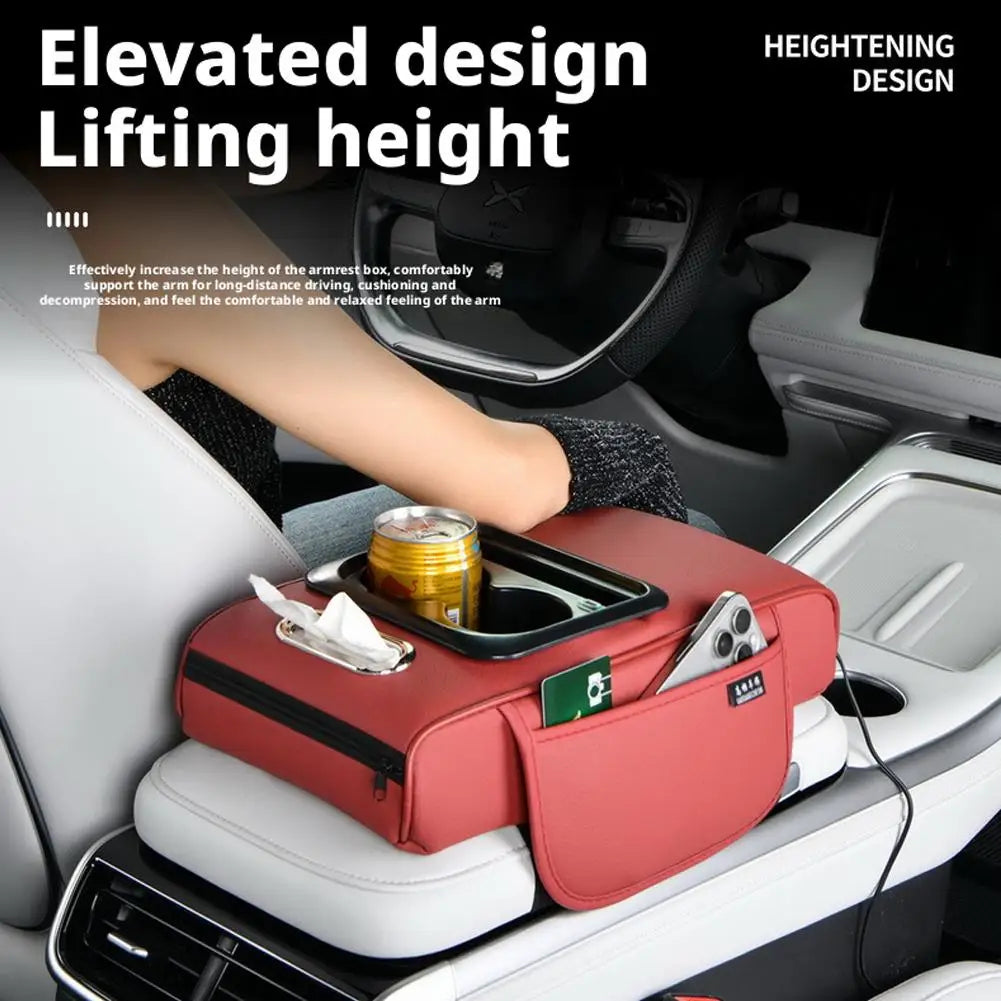 Multi-Functional Car Cup Holder & Armrest Organizer – Center Console Pad with Phone Storage - Delicate Leather