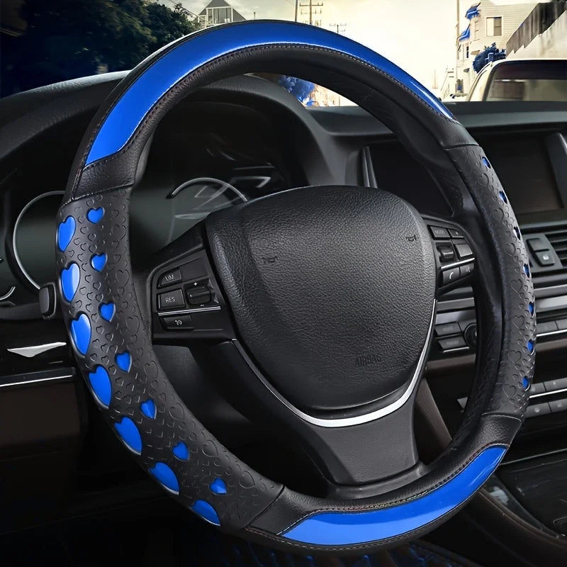 Sweet Heart Design Steering Wheel Cover – PU Leather, Anti-Slip Inner Ring, Universal Fit for Most Vehicles - Delicate Leather