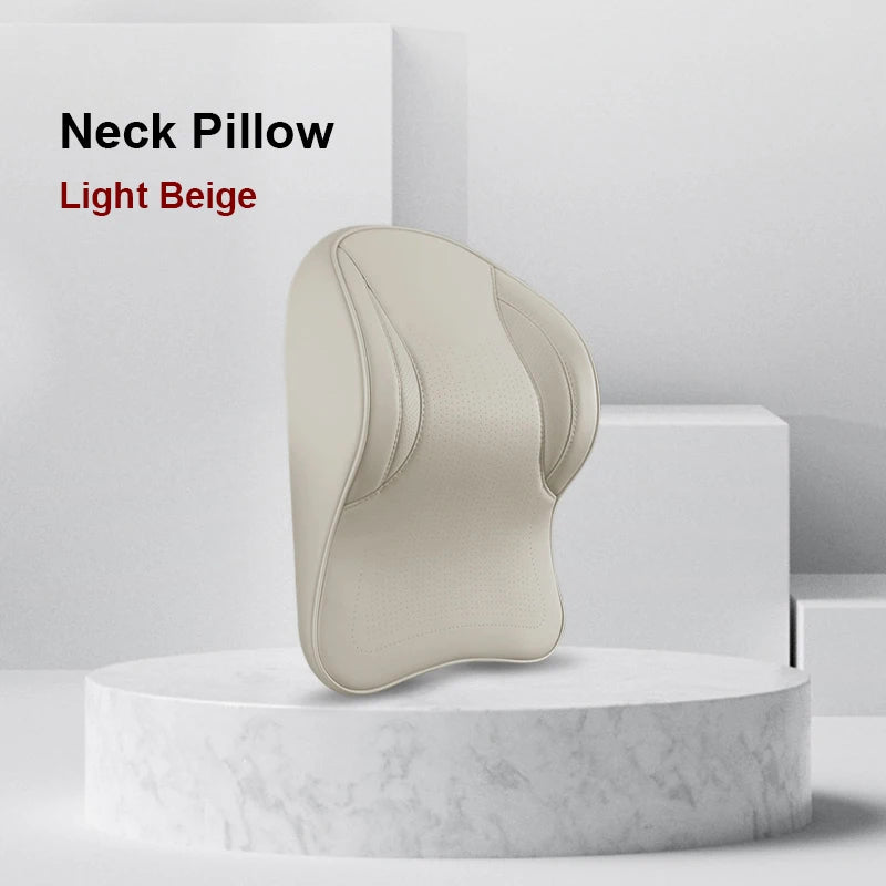 Memory Foam Car Neck Pillow & Lumbar Support Set – Breathable Seat Comfort Cushion - Delicate Leather