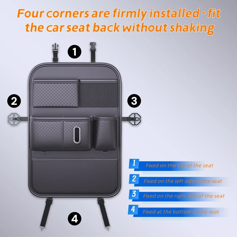 Car Backseat Organizer with Tissue Box – Black Leather Storage Bag with Pockets for Phone, Bottle, and Umbrella - Delicate Leather