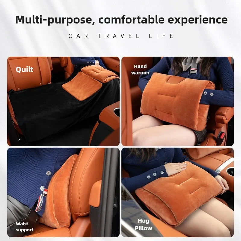 4-in-1 Plush Car Blanket Pillow – Flannel Travel Cushion, Foldable Lumbar Support and Back Pillow for Car Seats - Delicate Leather