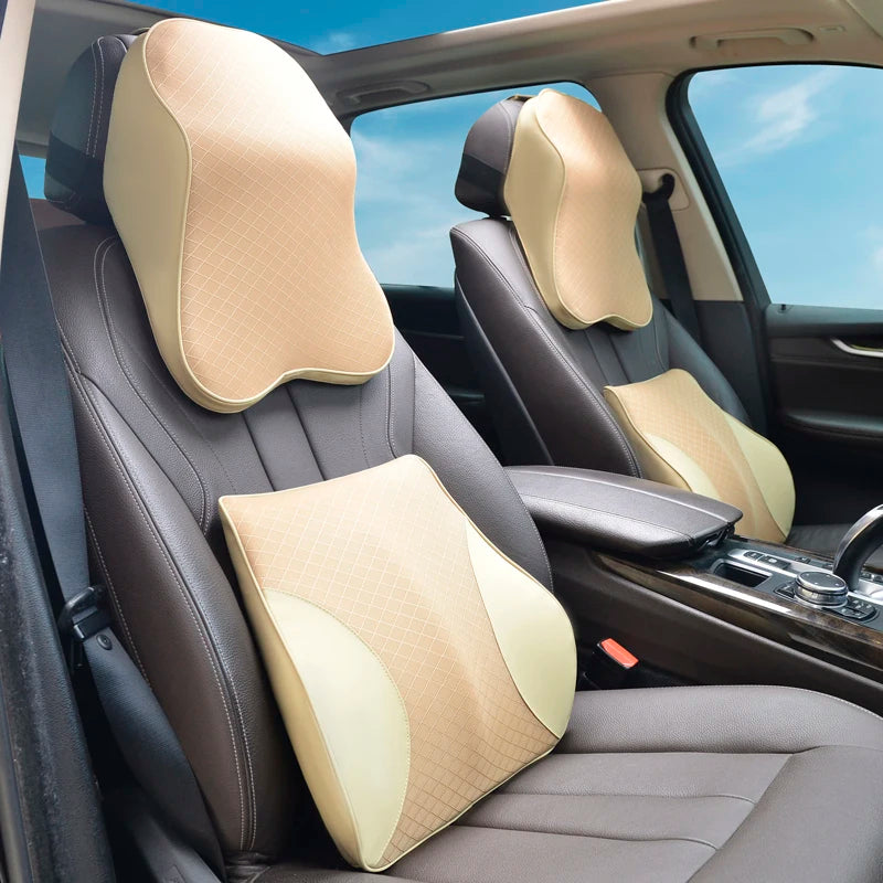 Premium Memory Foam Car Lumbar and Neck Pillow Car Seat Neck Pillow Waist Cushion for Neck Pain and Headrest Support - Delicate Leather