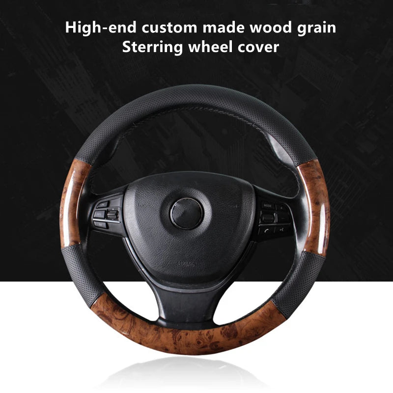 Wood Grain Steering Wheel Cover – 38cm, Anti-Slip, Durable, Fashionable Car Interior Accessory - Delicate Leather