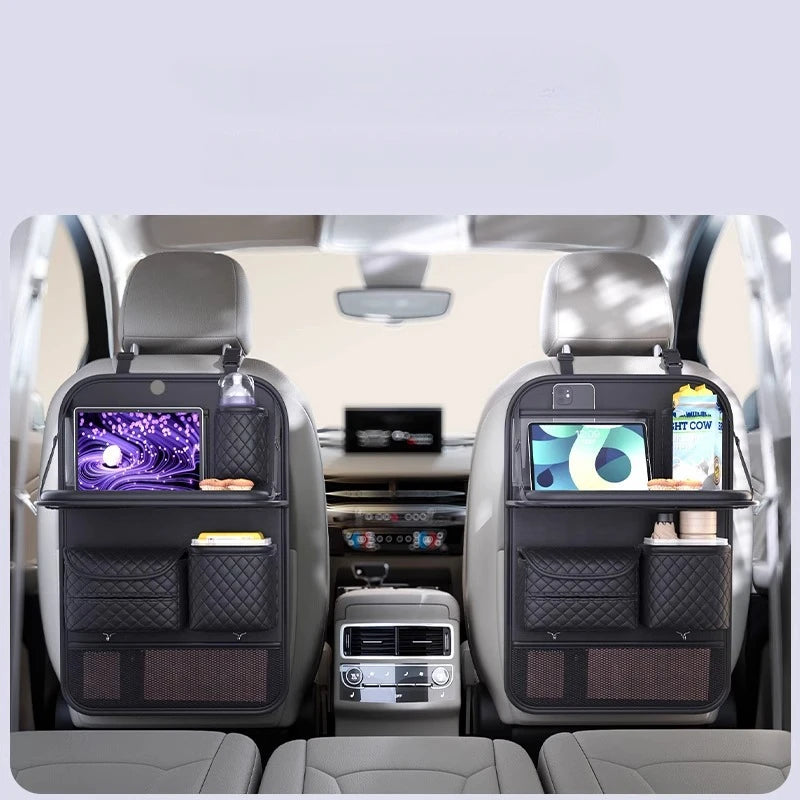 Car Seat Back Storage Organizer with Foldable Table – PU Leather Backseat Hanging Organizer with Phone & Tissue Holder - Delicate Leather